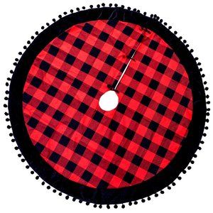 53" Round Pom Pom Trim Buffalo Plaid Black & Red Christmas Tree Skirt